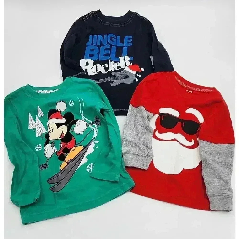 3 Carter's, Old Navy, Disney Boy's  24M/2T Holiday Christmas Long Sleeve Shirts
